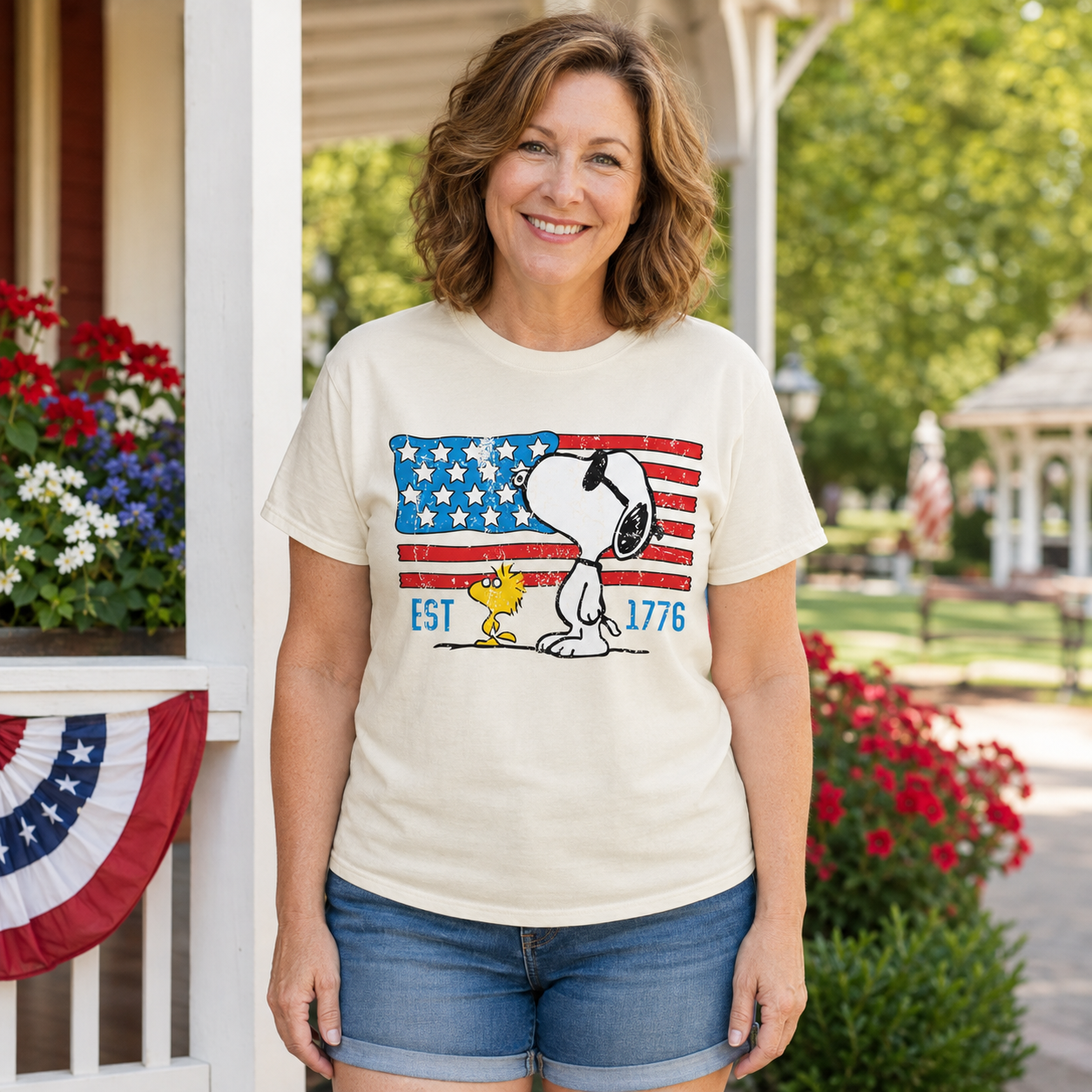 Snoopy & Woodstock American Flag T-Shirt — EST 1776 Patriotic Tee