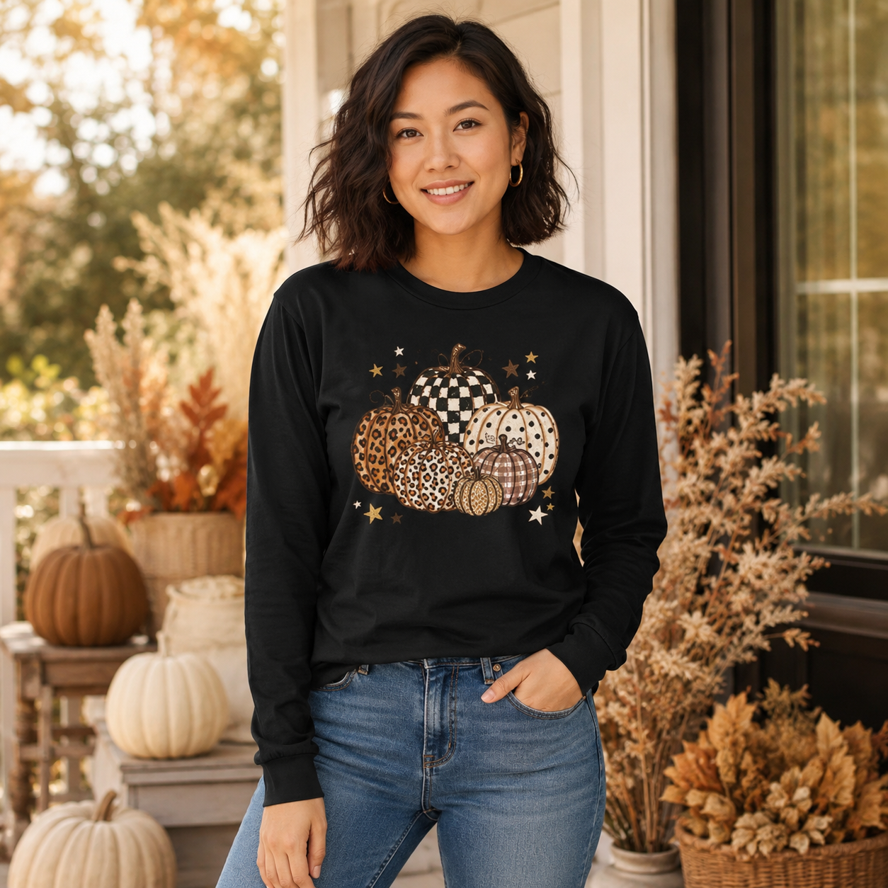 Leopard & Plaid Pumpkins Long Sleeve Tee — Fall Pumpkin Patch Graphic Shirt