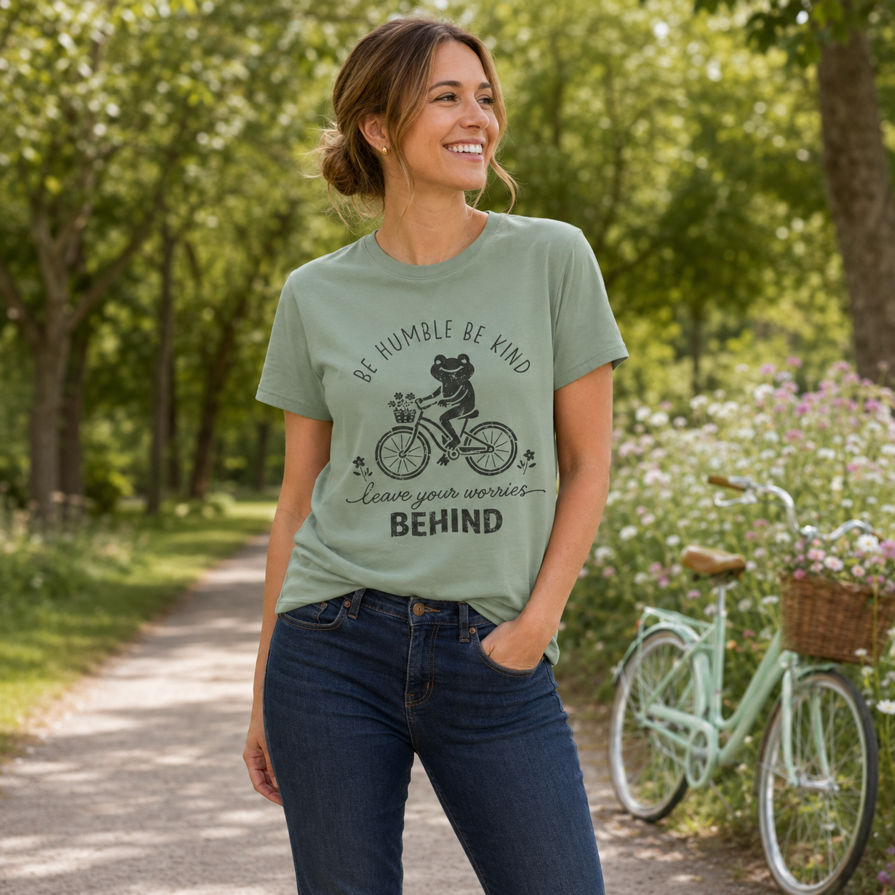 T-Shirt — "Be Humble Be Kind" Frog on Bike Graphic Tee, "Leave Your Worries Behind"