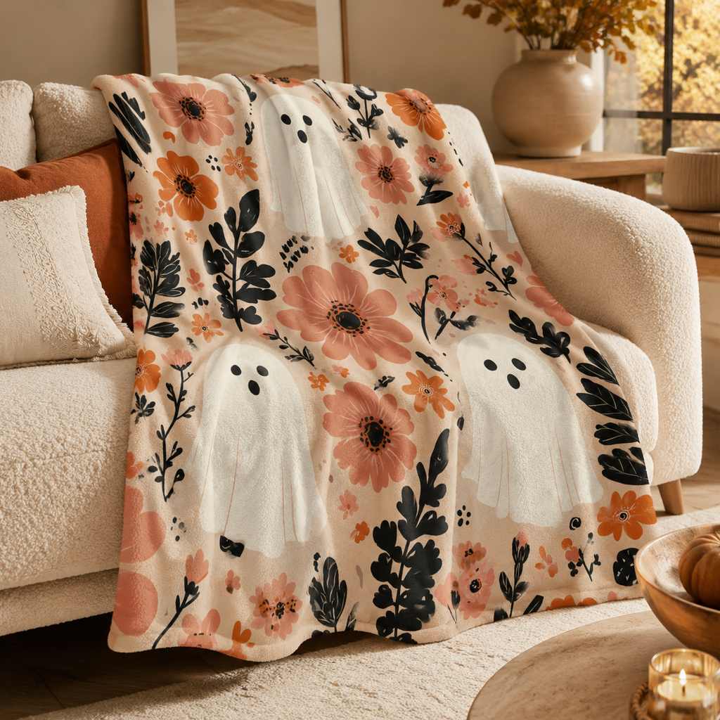 Halloween Ghost Floral Velveteen Plush Blanket — Cozy Pink & Ivory Throw