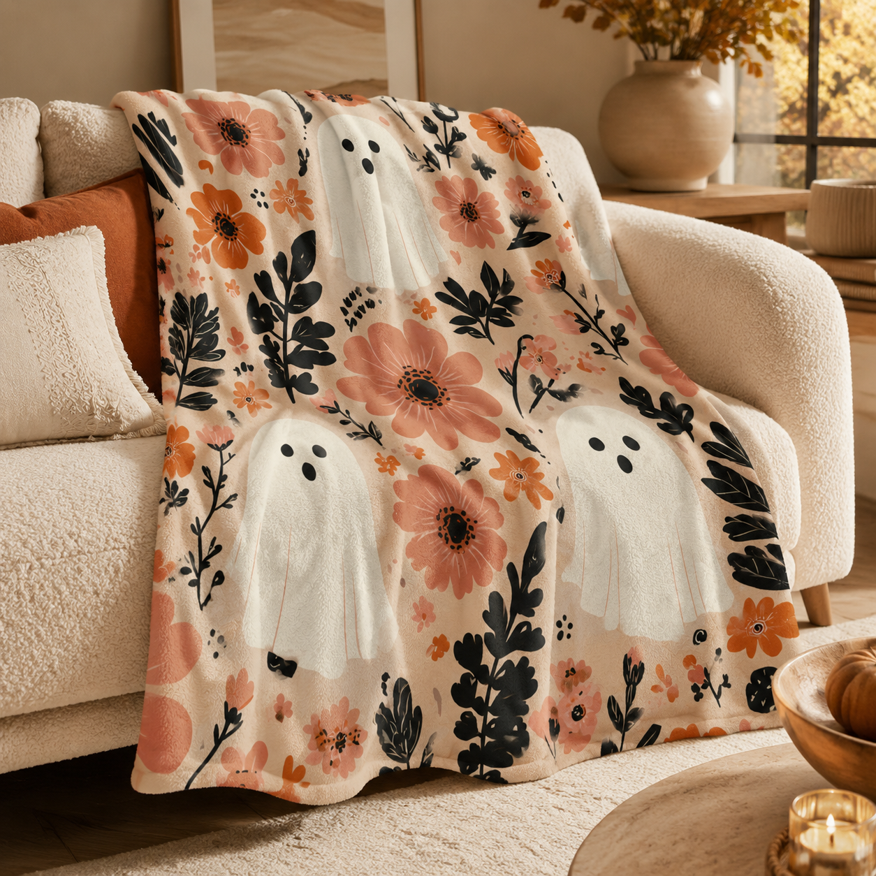 Halloween Ghost Floral Velveteen Plush Blanket — Cozy Pink & Ivory Throw