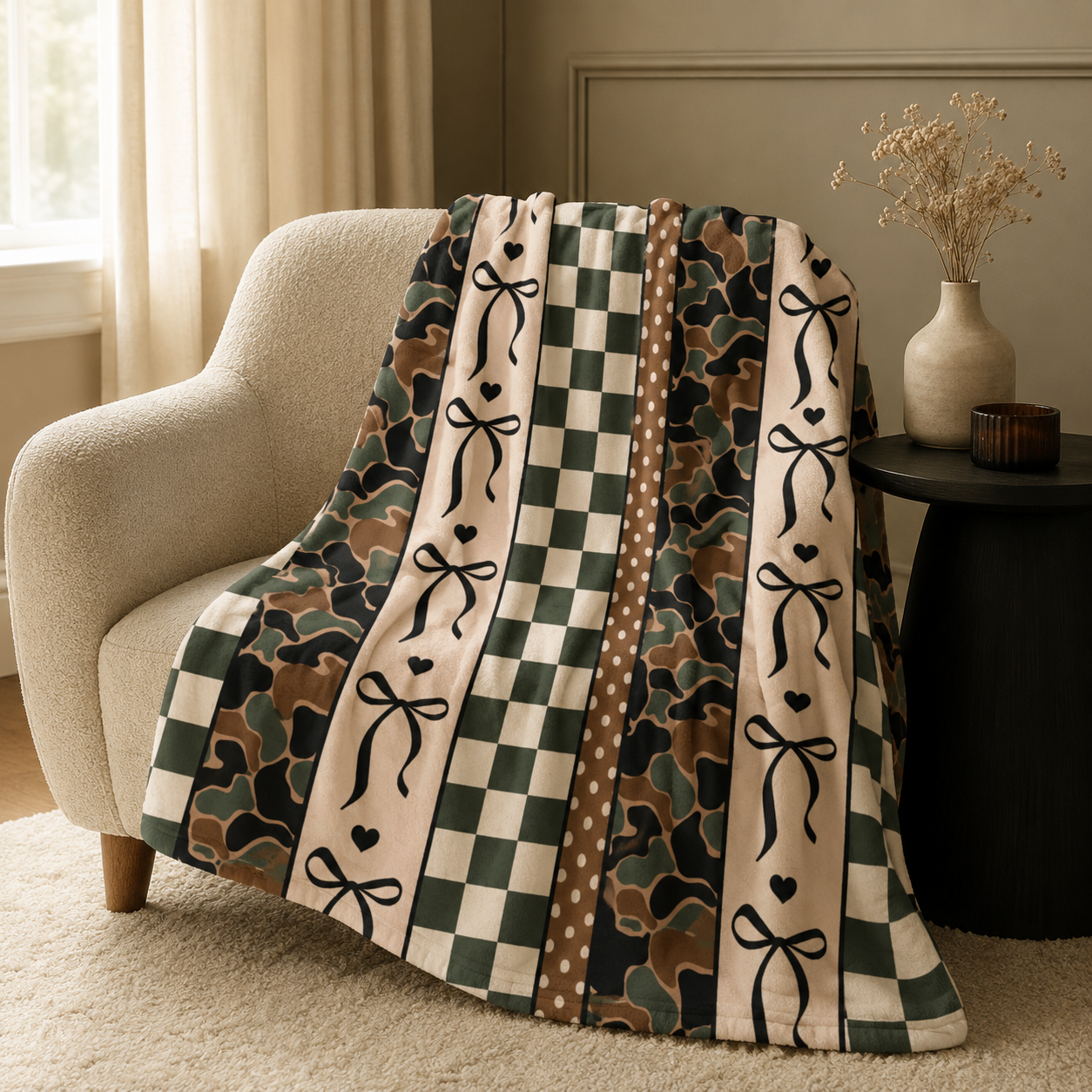 Camouflage & Checker Velveteen Plush Blanket — Cozy Ribbon Stripe Throw