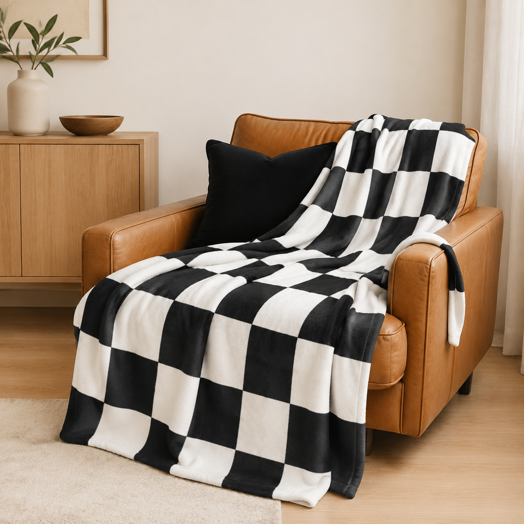 Checkered Velveteen Plush Blanket – Black & White Racing Checkerboard Throw
