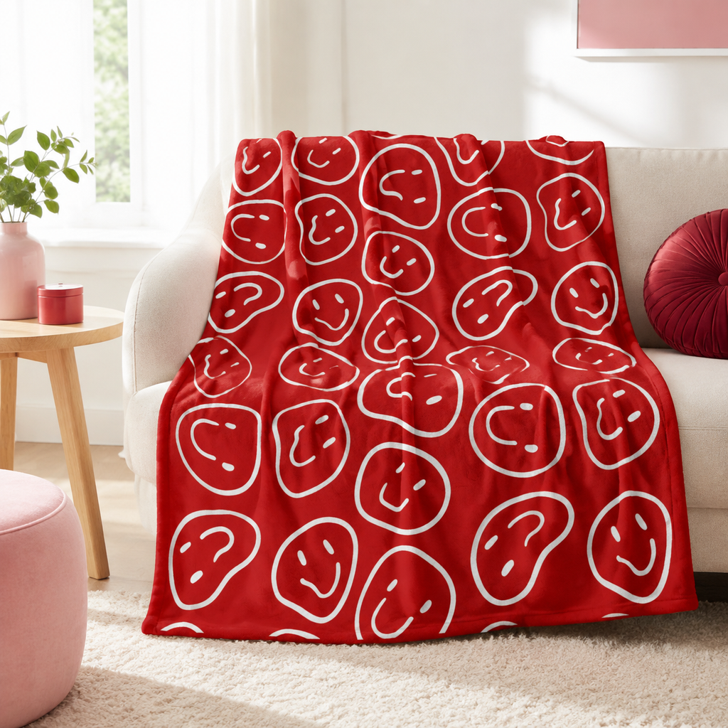 Velveteen Plush Blanket - Red Smiley Face Pattern Cozy Throw