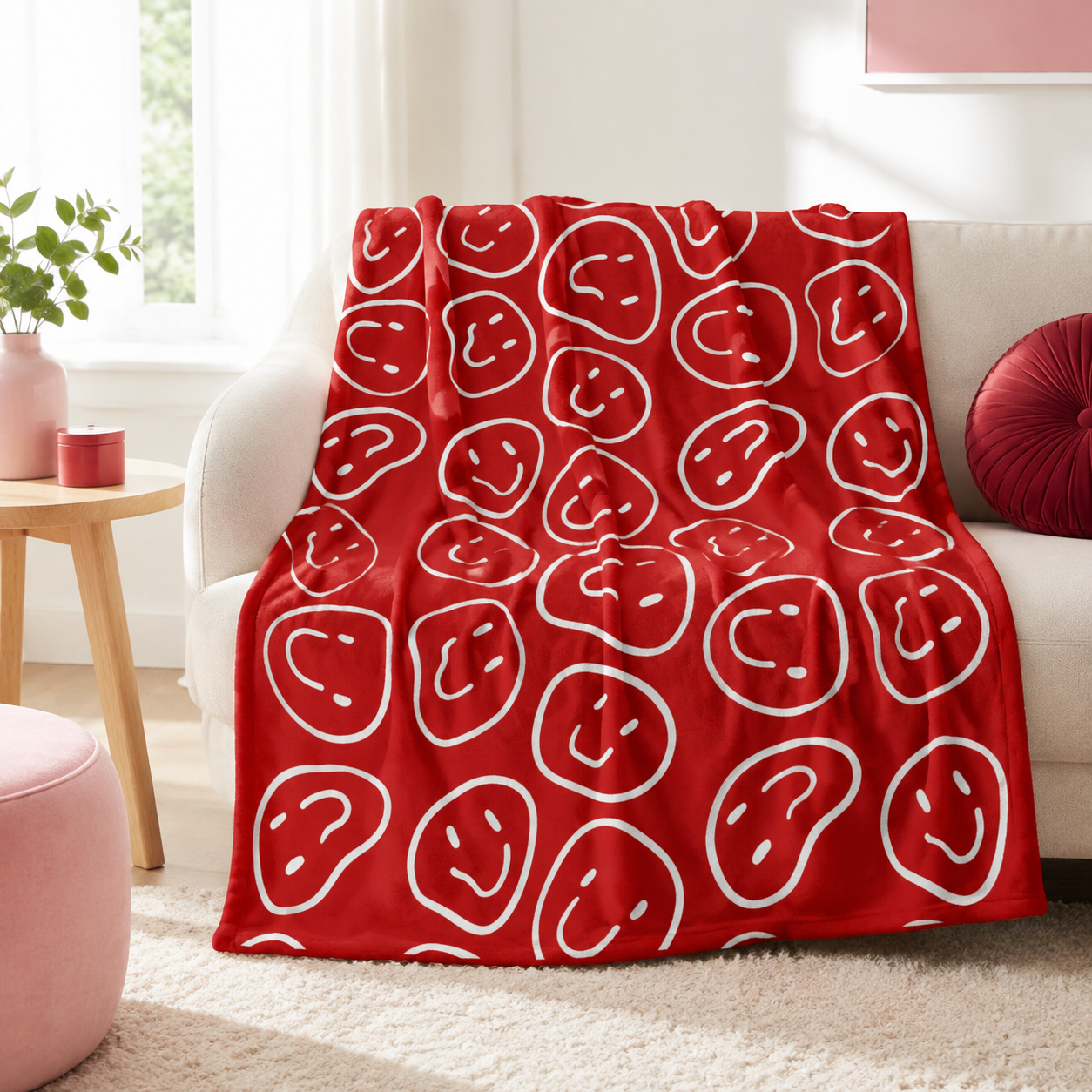 Velveteen Plush Blanket - Red Smiley Face Pattern Cozy Throw