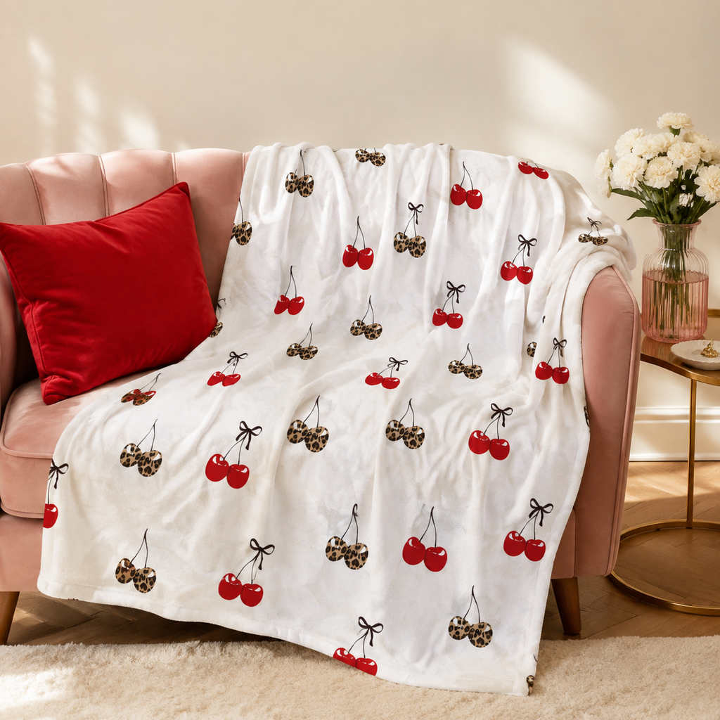 Cherry Pattern Velveteen Plush Blanket — Red & Leopard Cherries, Cozy Throw for Bedroom or Gift