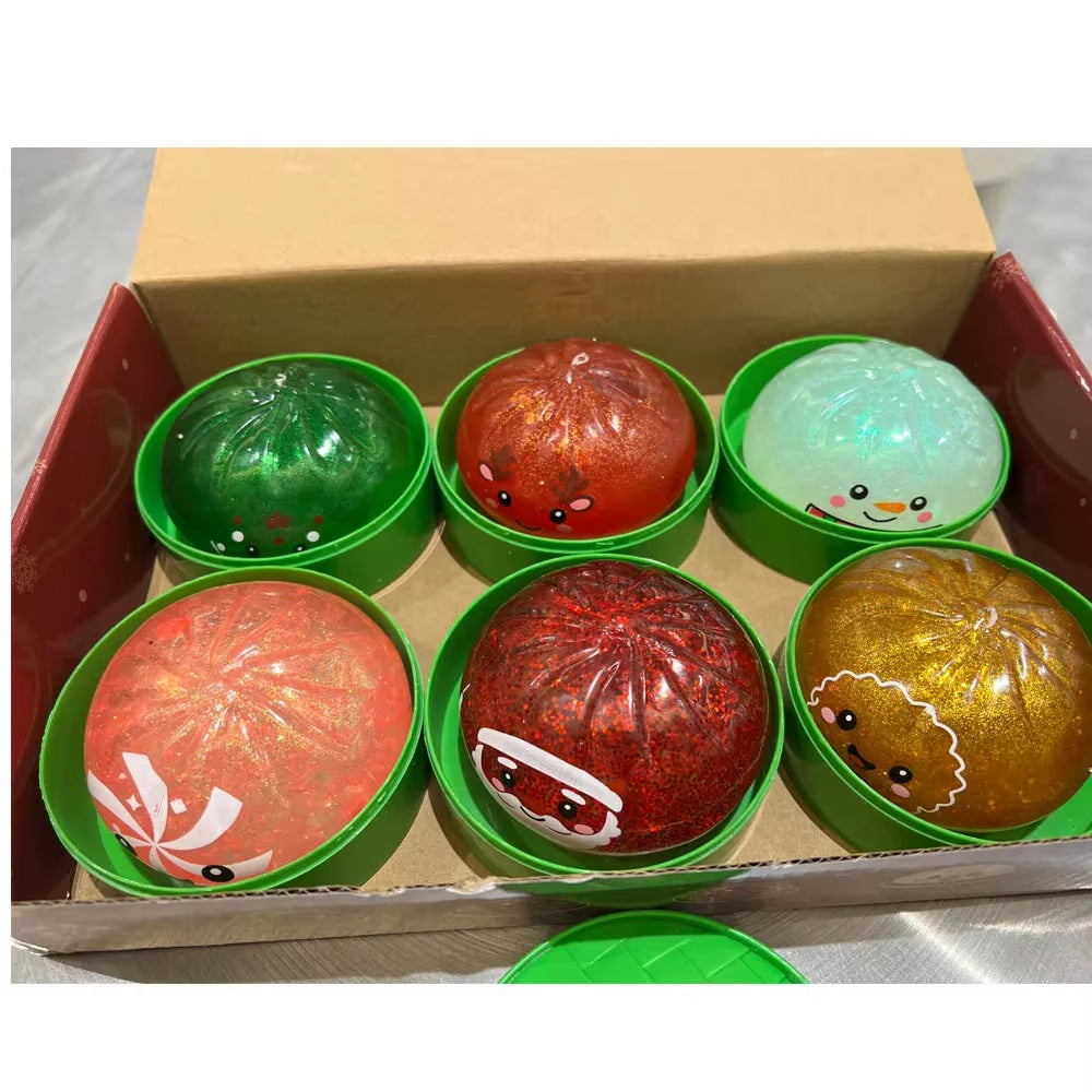 Christmas Dumplings Steamed Stuffed Bun Toy Glitter Mud Fun Decompression Toy Funny Stress Anxiety Relief Squeeze Prank Toy 1Pcs