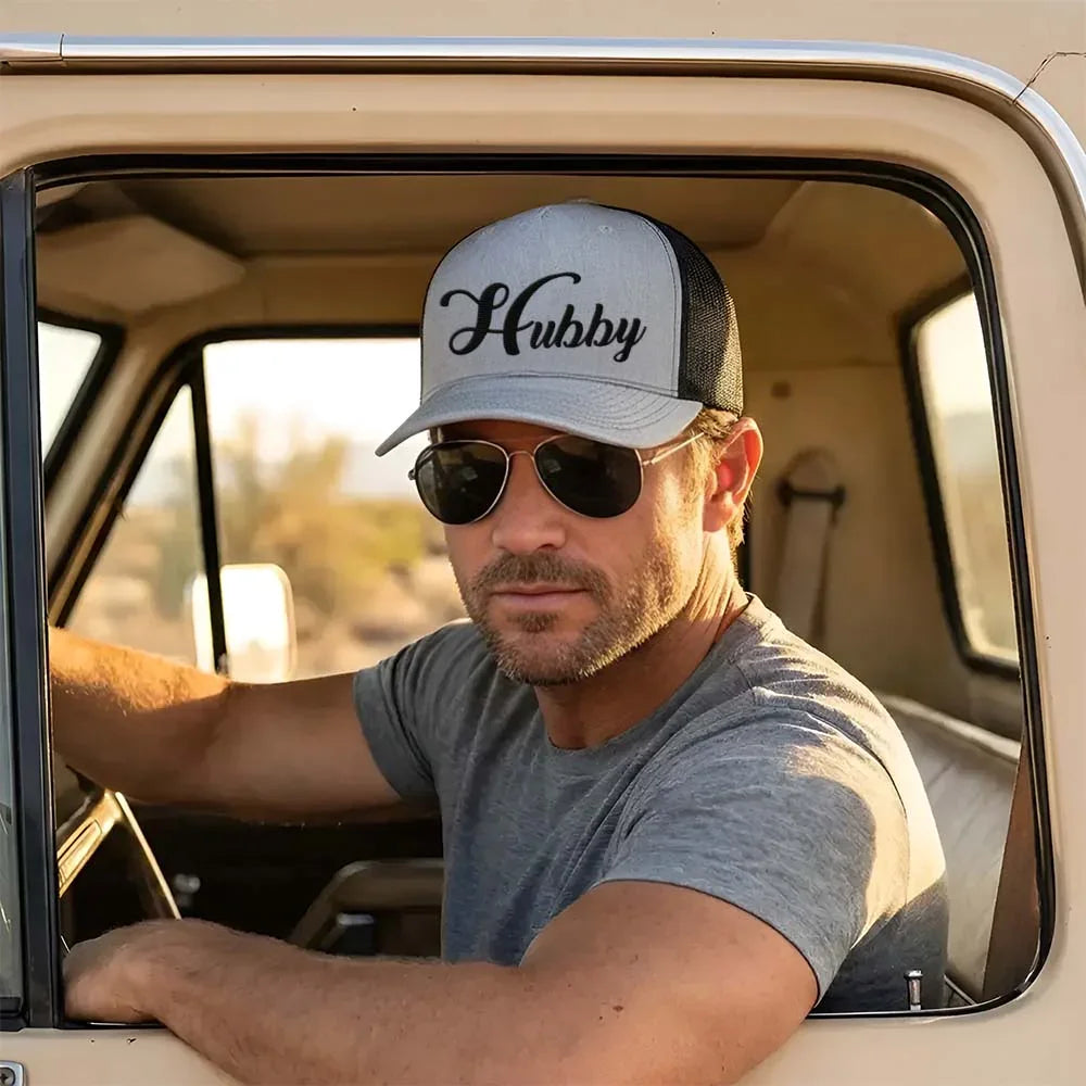 Embroidered Hubby Trucker Hat – Classic Mesh Cap for Wedding or Anniversary